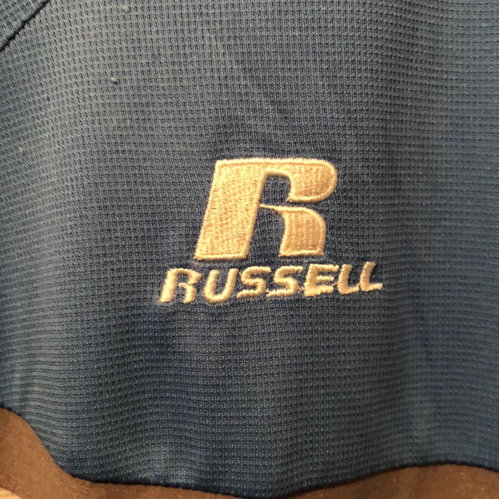 Russell golf shirt large embroidered logo blue